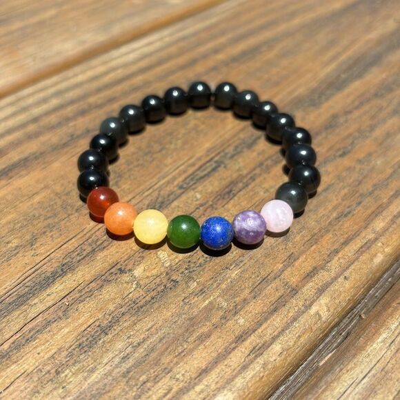 Multicolor Beaded Bracelet chakra black obsidian 7” average wrist - Picture 1 of 5